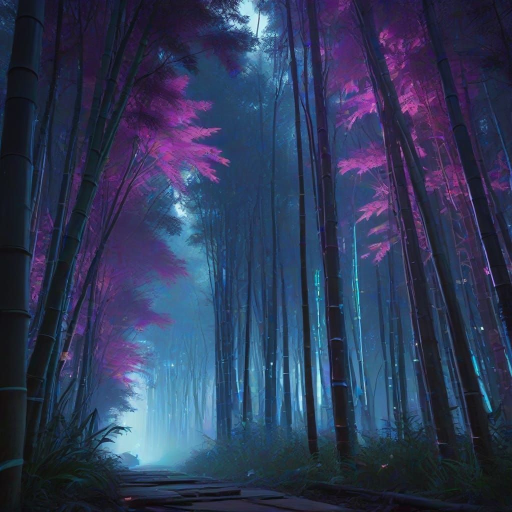 Cyberpunk Bamboo Grove in Neon Lights