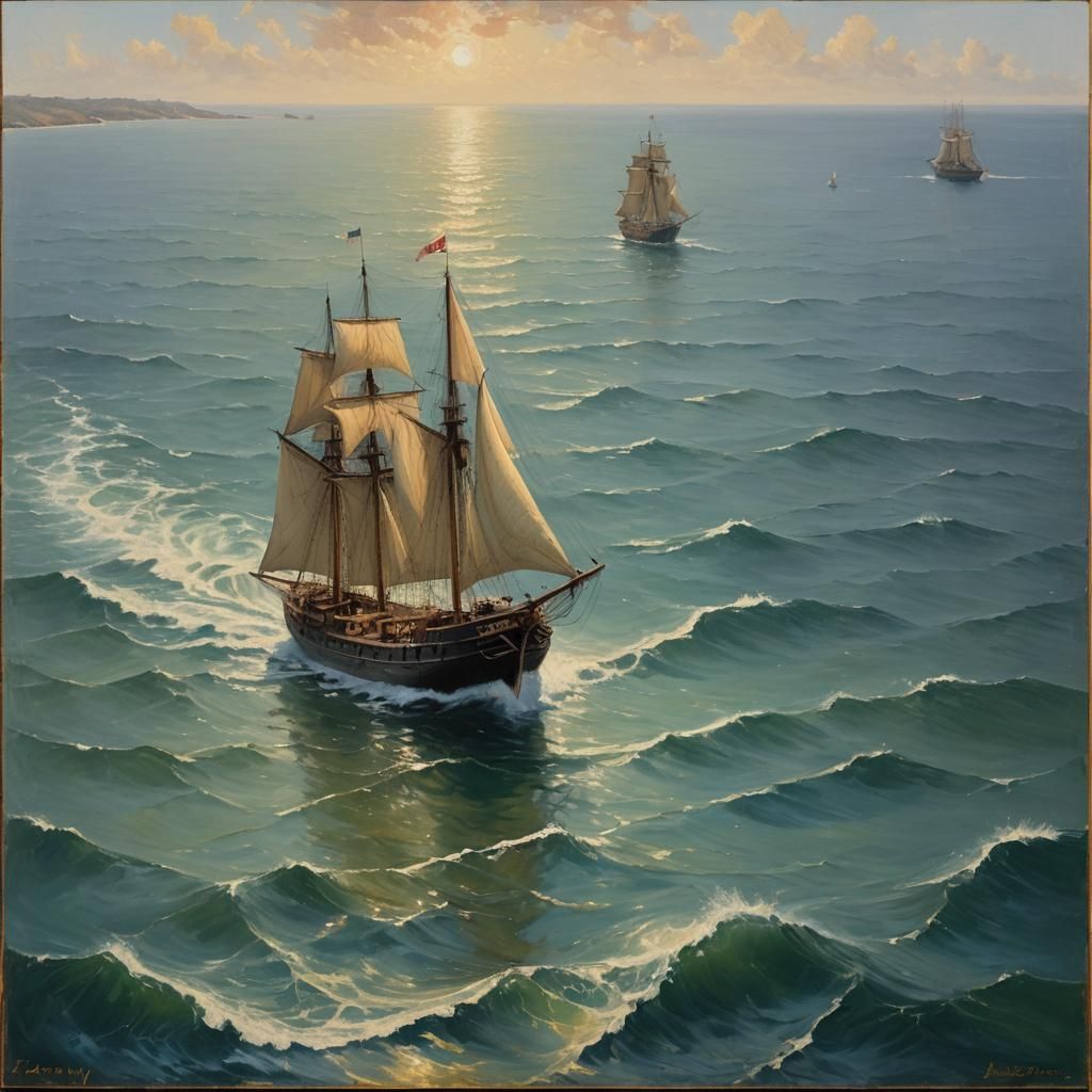 Two Ships Sailing: Classic Maritime Oil Painting