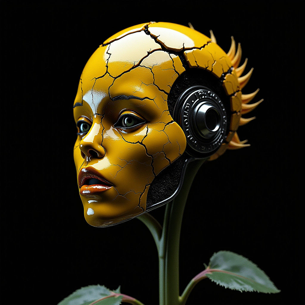 Chrome Sunflower Head in Dystopian Style