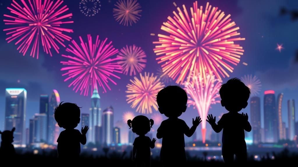 Explosive Fireworks Display over Cityscape in Animated Style