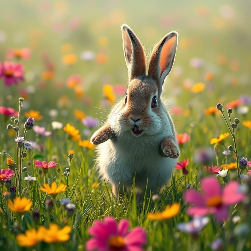 Fluffy Bunny Hops Through a Vibrant Wildflower Meadow