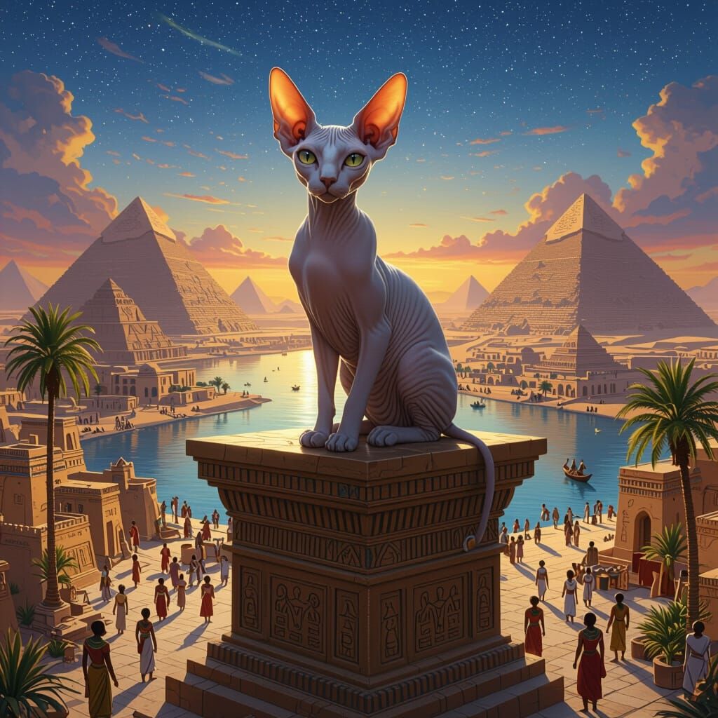 Sphinx Cat Overlooks Ancient Egyptian City