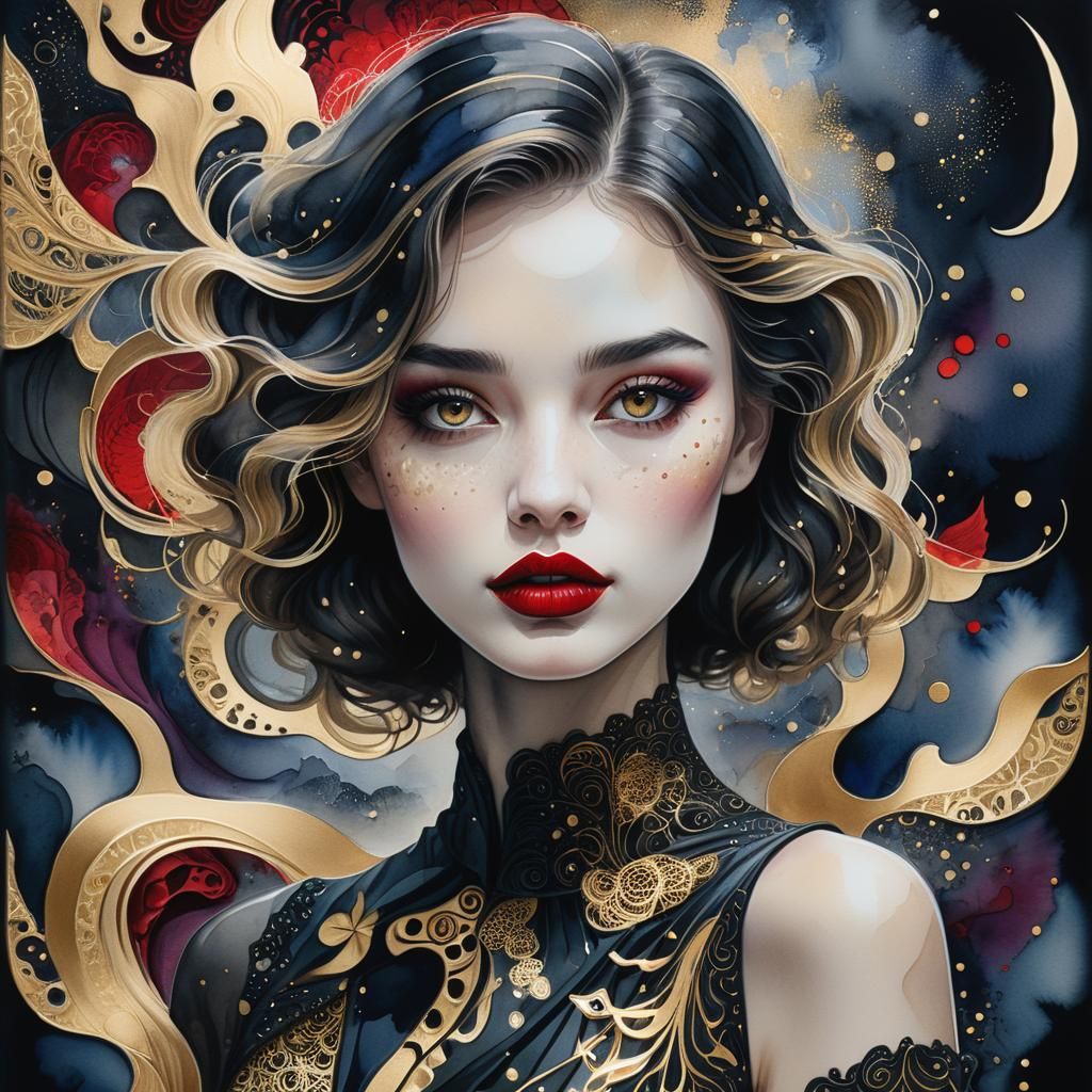 Mystical Girl Portrait with Golden Details in Watercolour