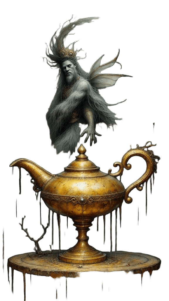 Mysterious Genie Unveiled in Golden Haze