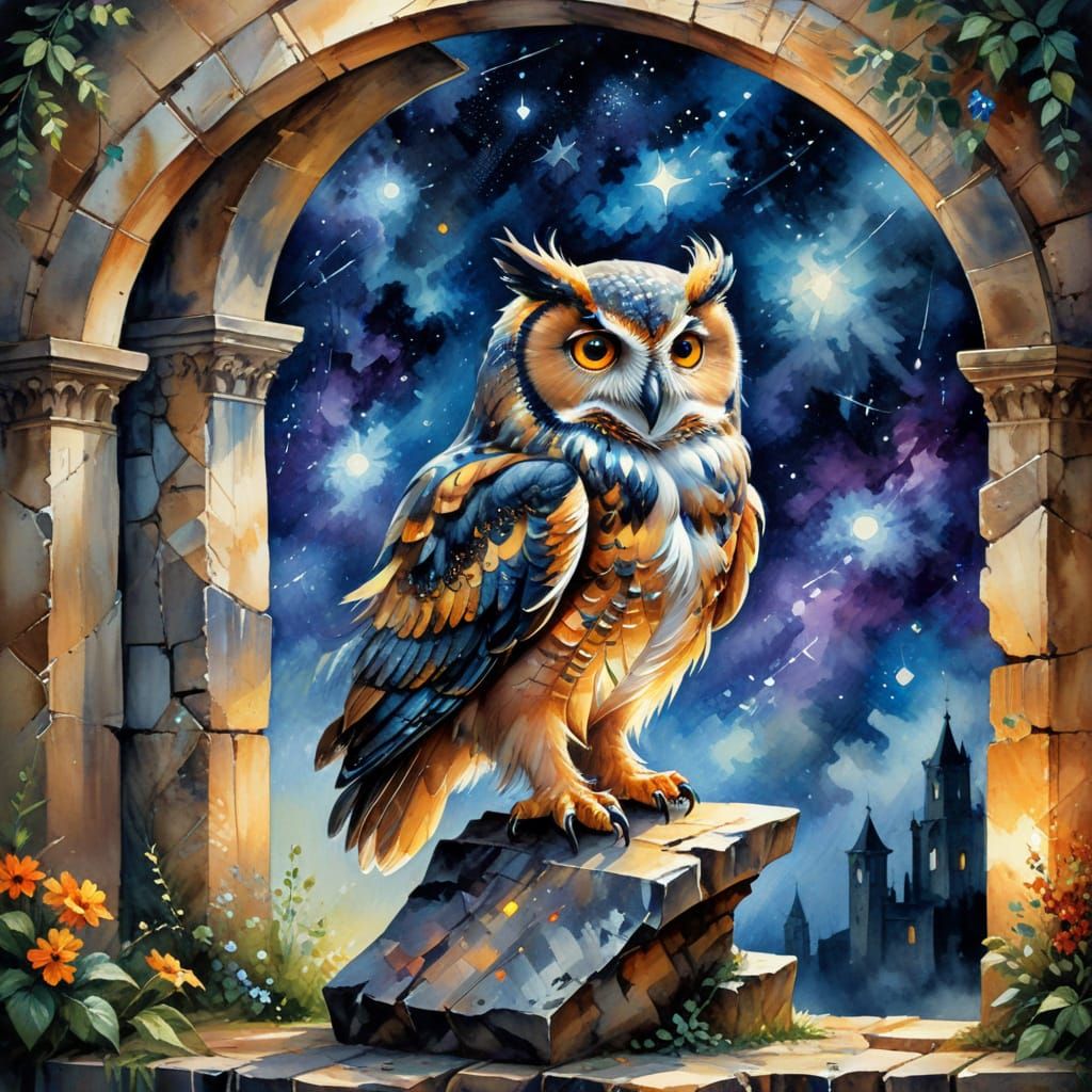 Enchanted Owl Under Starlit Skies with Tinsel Feathers