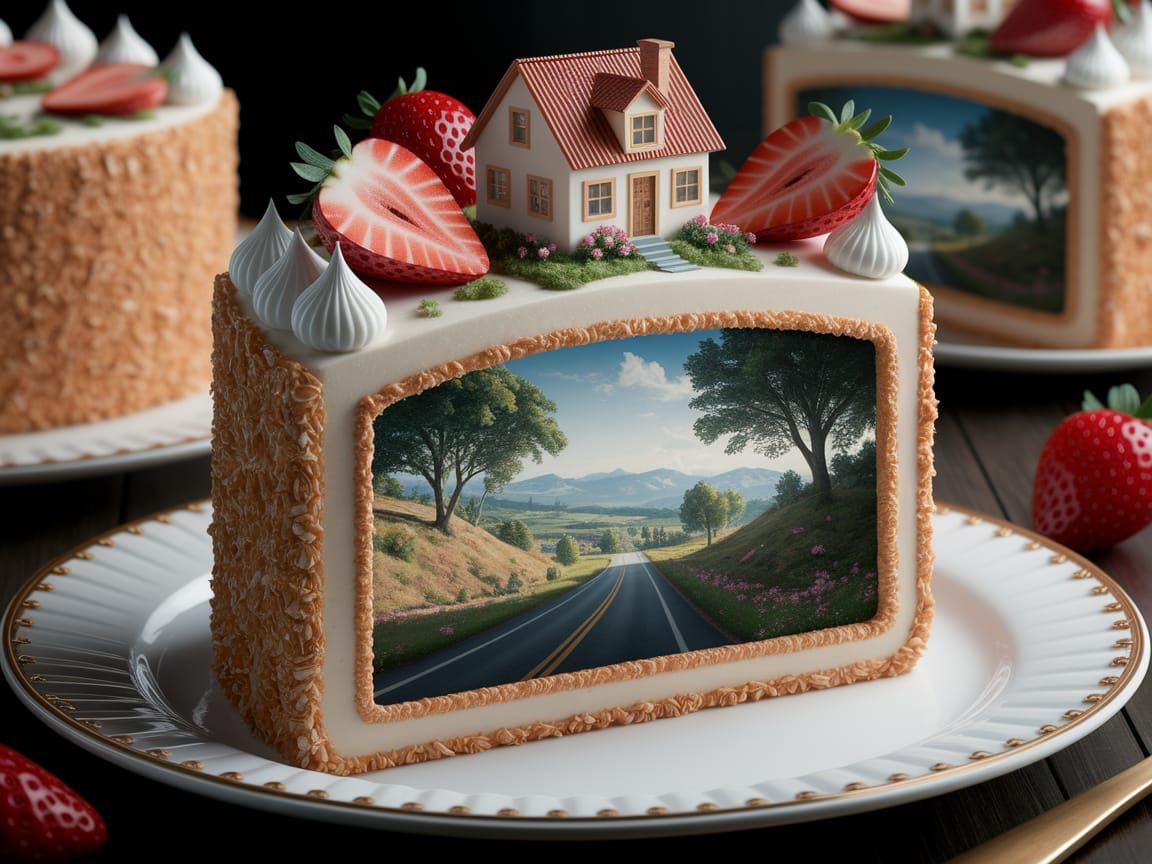 Slice of Realistic Cake with Miniature Landscape Inside