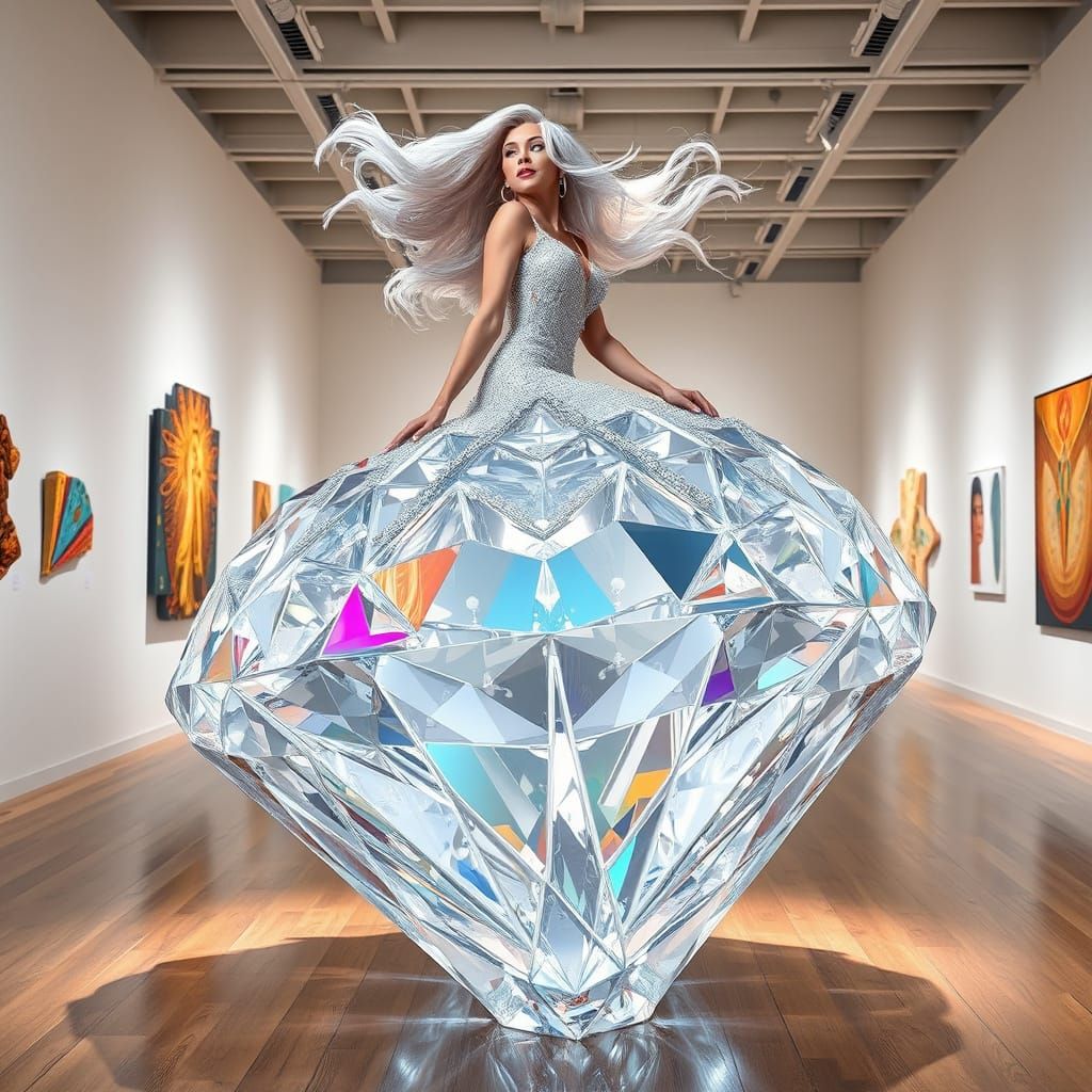 Ethereal Woman Sits on Glass Diamond Throne in Modern Art Ga...