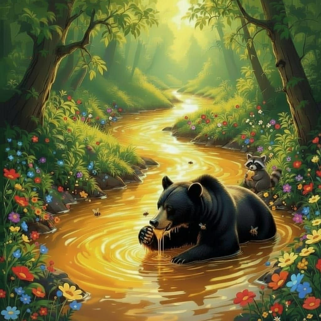 Black Bear Drinks Honey River Surrounded by Bees