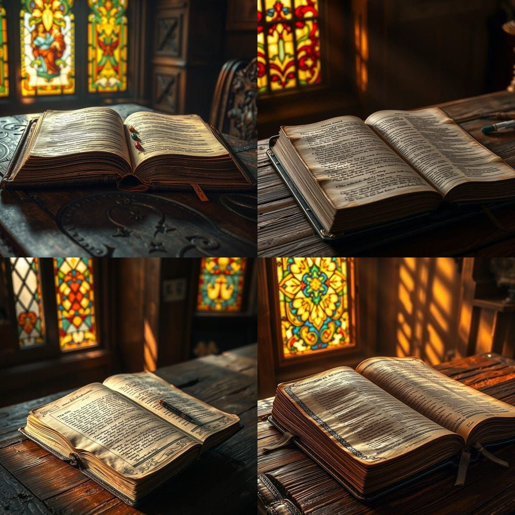 A Weathered Bible Illuminated by Golden Light in an Ancient...