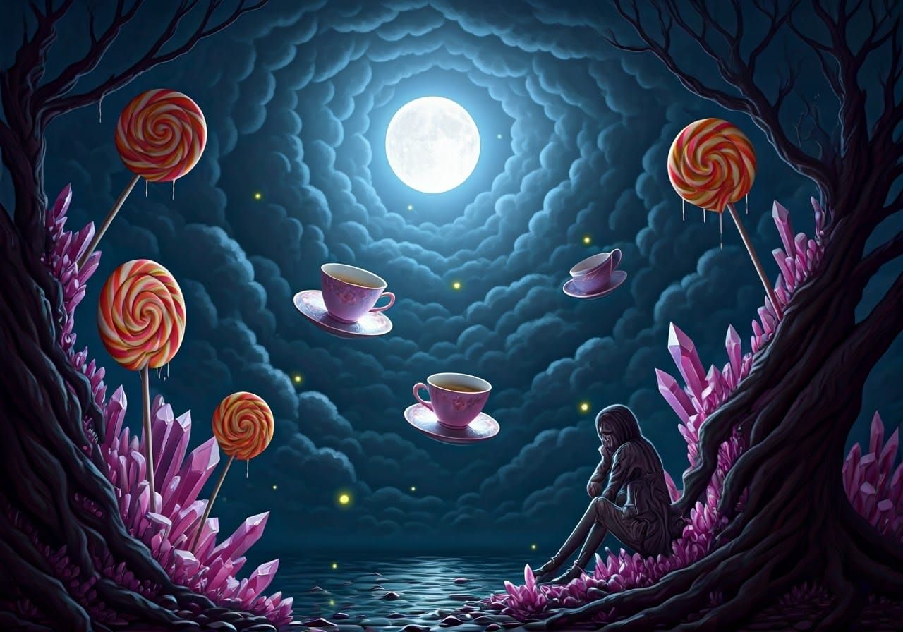 Ethereal Teacups in Dreamlike Macabre Illustration