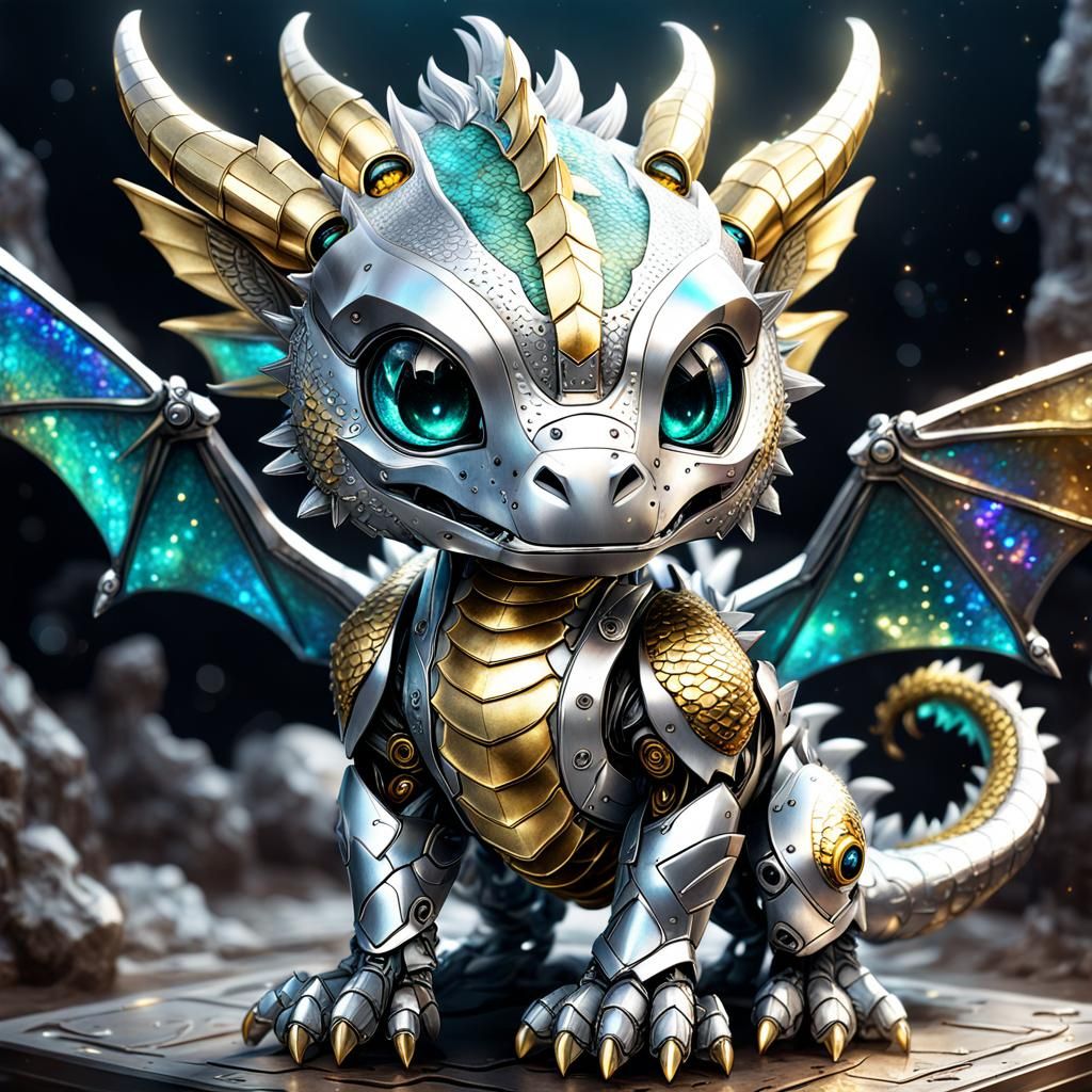 Robotic Dragon Chibi in Cosmic Holographic Illustration