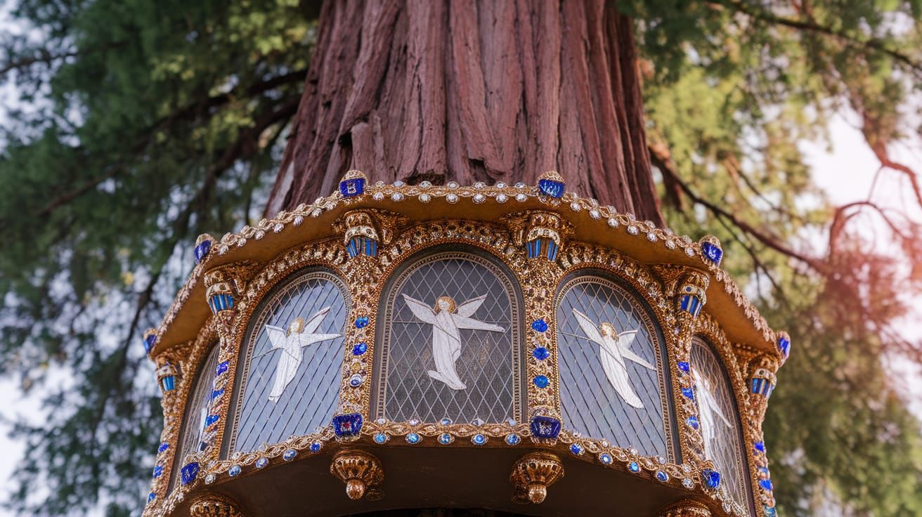 Majestic Redwood Treehouse in Shimmering Gemstones and Gold