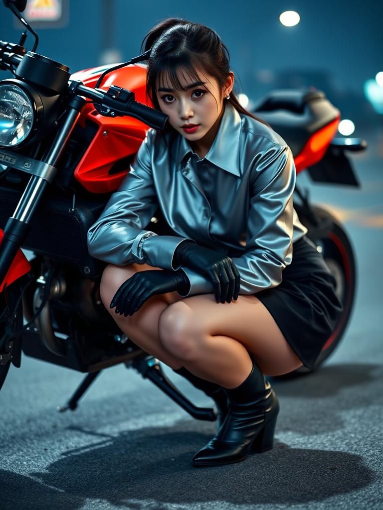 Korean Woman Inspecting Motorcycle Engine in Film Still