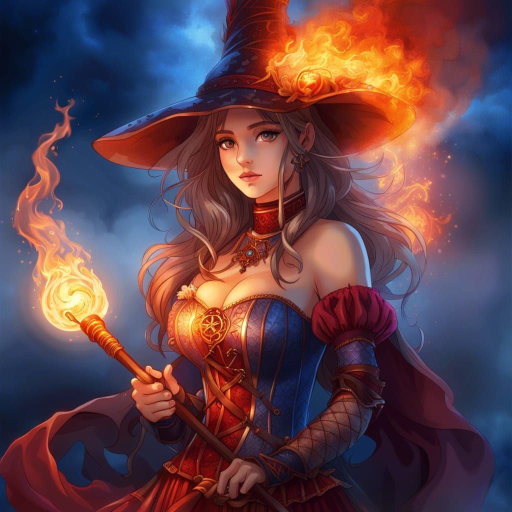 Anime Wizard Girl with Fire and Water Magic