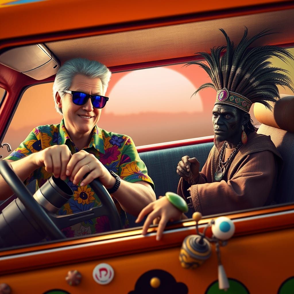 Bill Clinton drives the mystery machine from scooby doo a Ugandan witch doctor makes shrunken heads in the passenger sea...