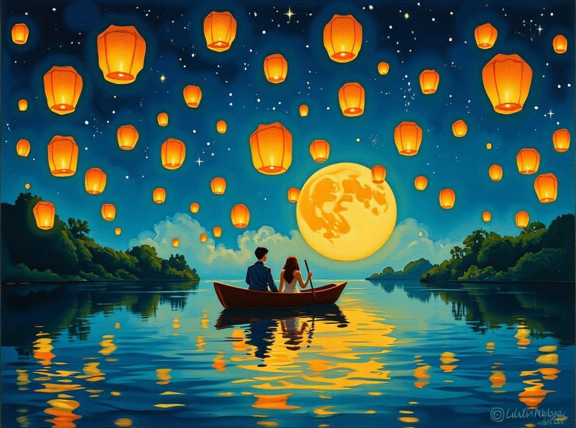 Romantic Lanterns Over Serene Lake: Impressionistic Painting