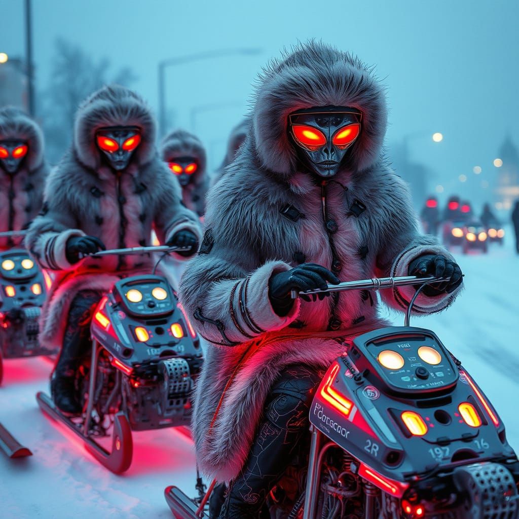 Futuristic Aliens Ride Sleek Sleds Through Neon Moscow