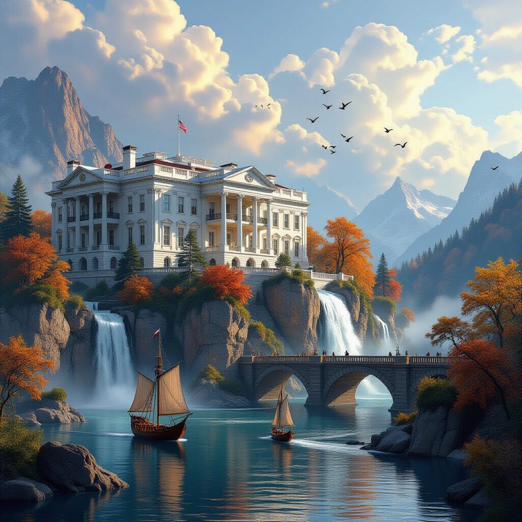 Medieval White House on Cliffs Above Waterfall