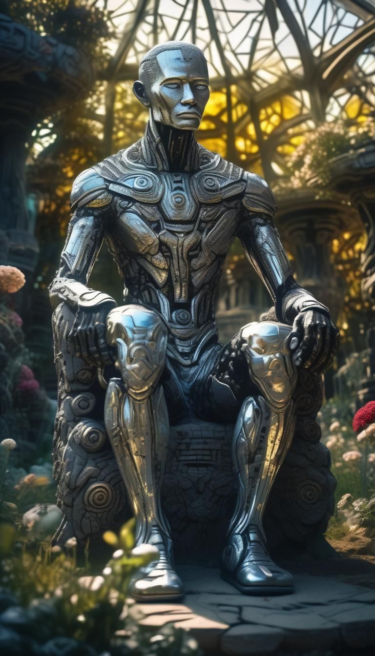 Sad Idol Sculpture in Sci-Fi Garden Ruins