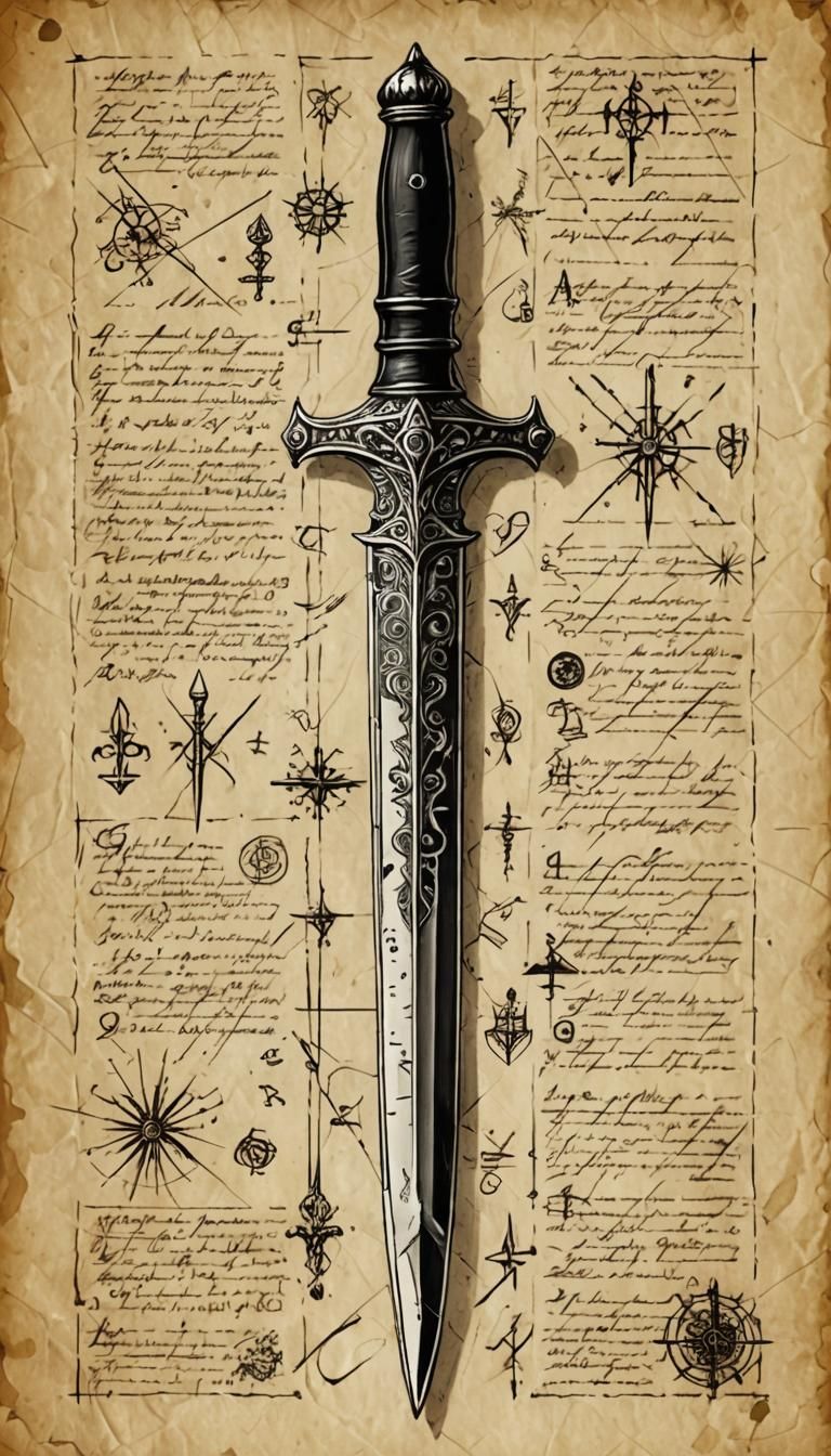 Technical diagram of an ornate dagger.