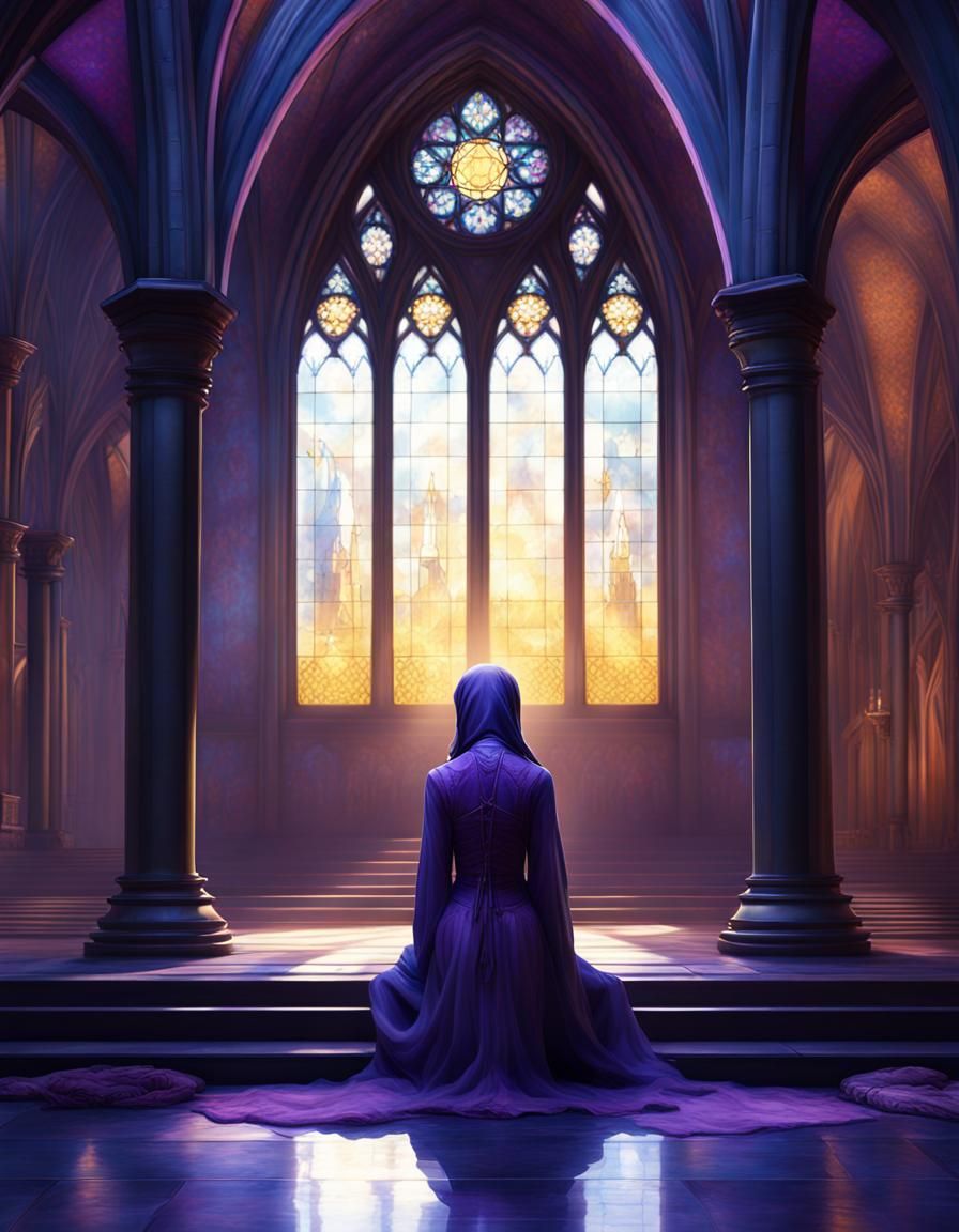 Woman Praying in Gothic Cathedral: Dark Fantasy Oil Painting