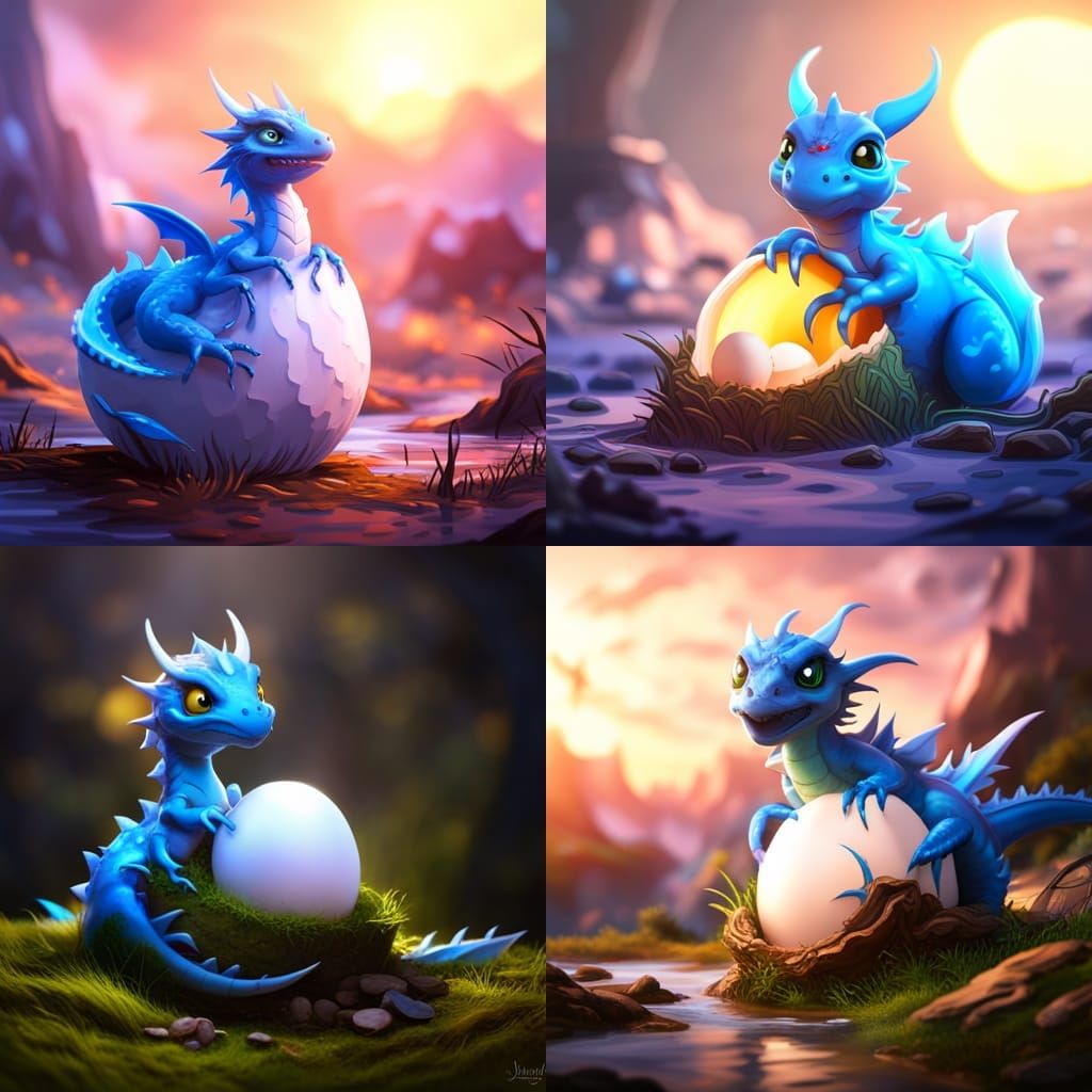 adorable tiny blue dragon hatching out of his egg