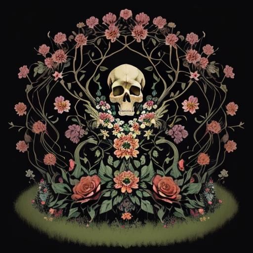Gothic Skull and Flowers Illustration