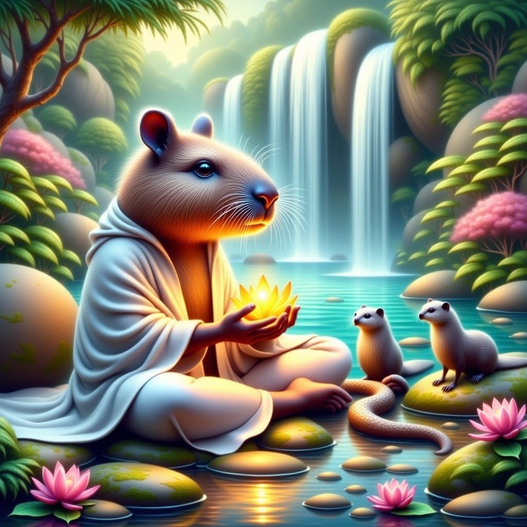 Fantasy Capybara with Glowing Lotus in Serene Waterfall Scen...