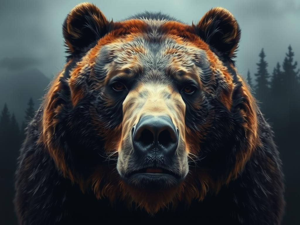 Accusatory Bear with Misty Forest Reflection