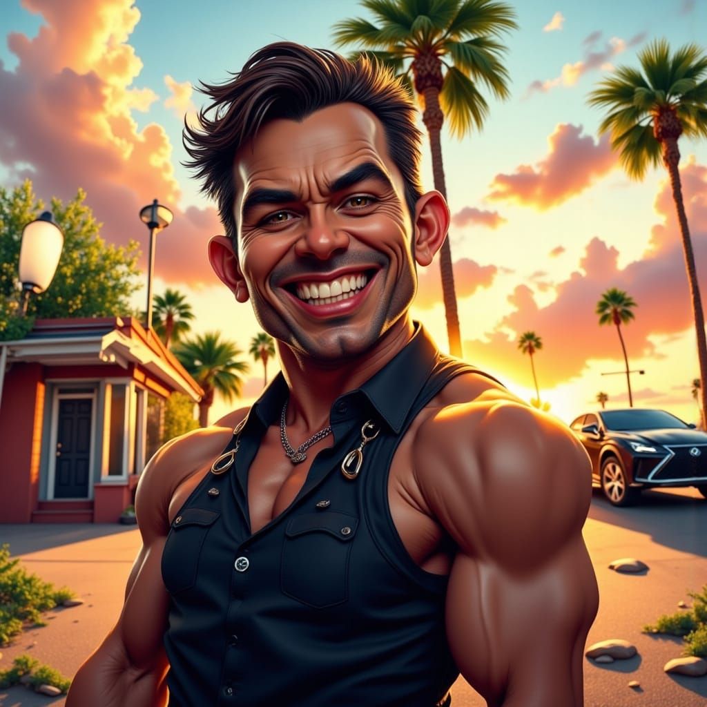 Confident California Hero in a Fitted Shirt, Muscular Physiq...