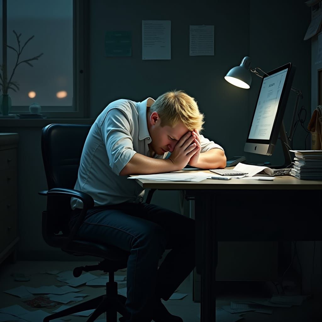 Overwhelmed Creator Slumps at Desk