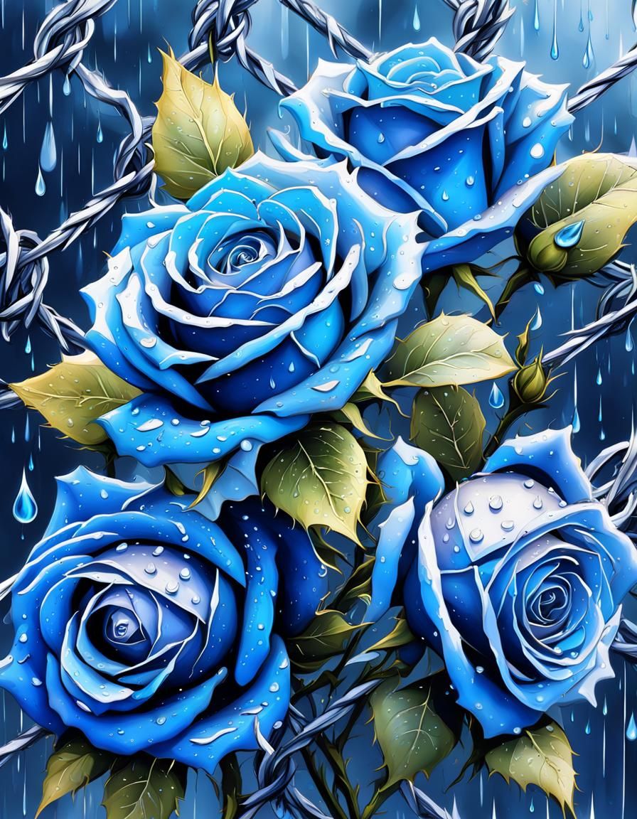 Hyperrealistic Blue Roses and Barbed Wire
