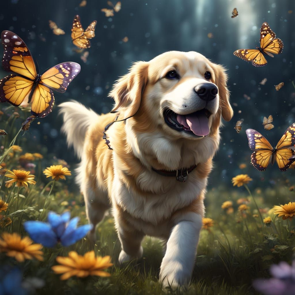 Golden Canines Soar with Whimsical Butterflies in a Fantasti...