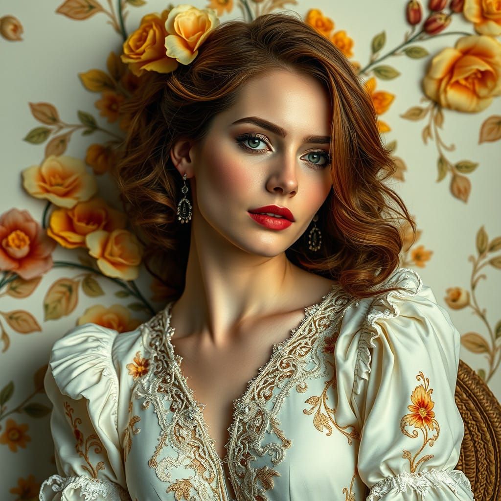 Elegant Woman in Luxurious Mansion with Exotic Flowers and V...