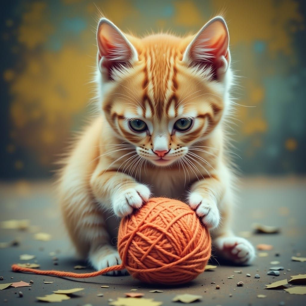 Fuzzy Kitten Engages in Joyful Play with Twisted Yarn