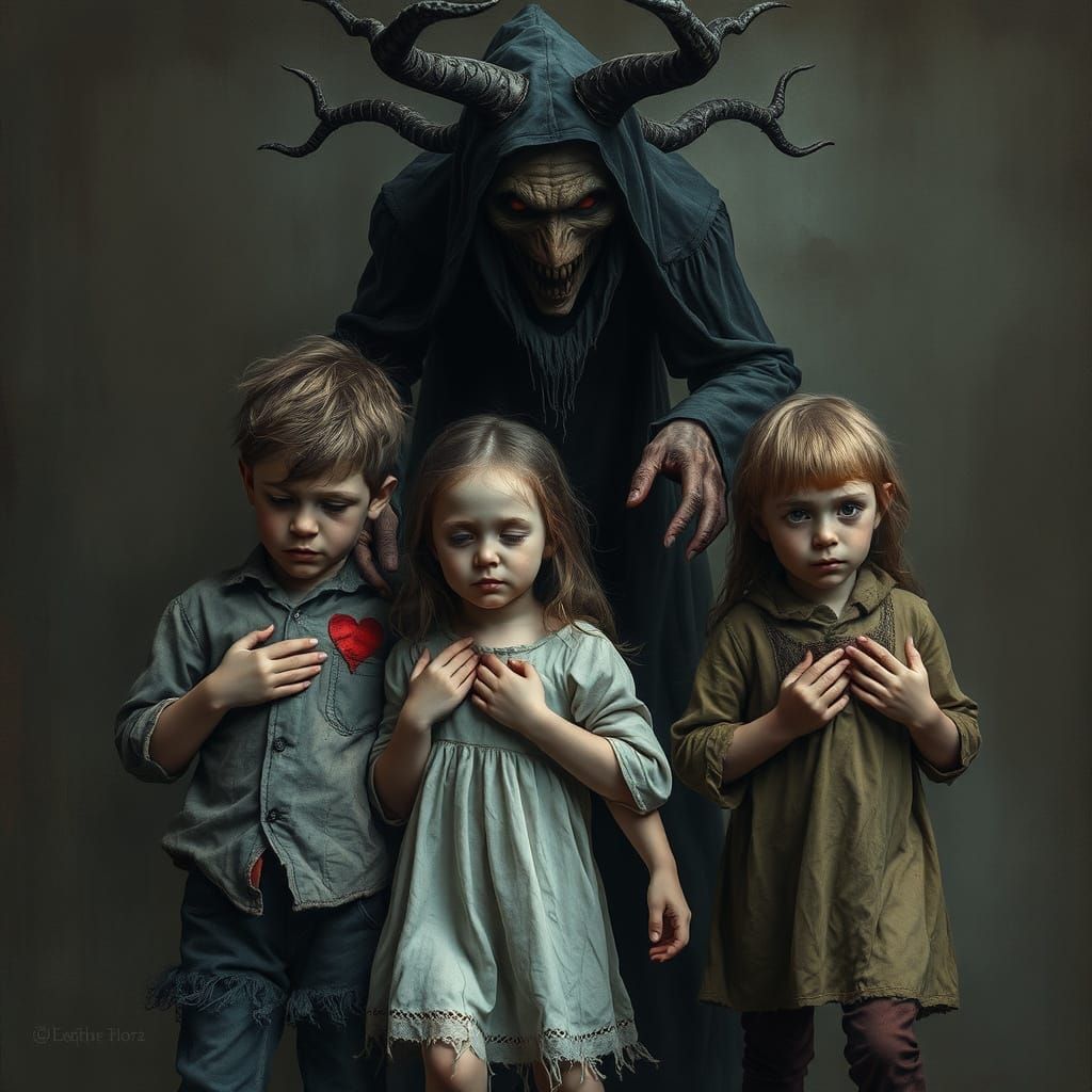 Dark Gothic Image of Children and Witch-like Figure