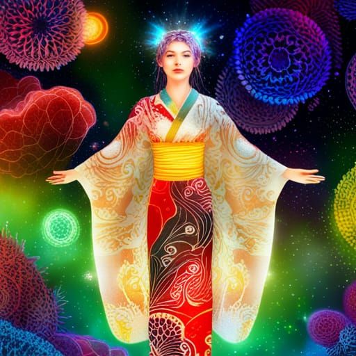 Priestess in Kimono: Holographic Cosmic Illustration
