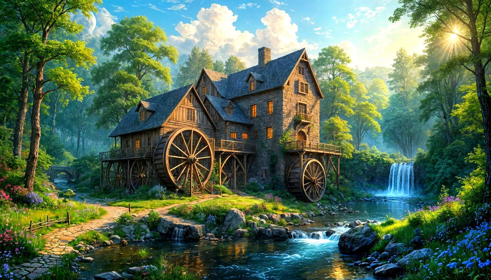 Fantasy Mill Scene with Castle and Twin Moons