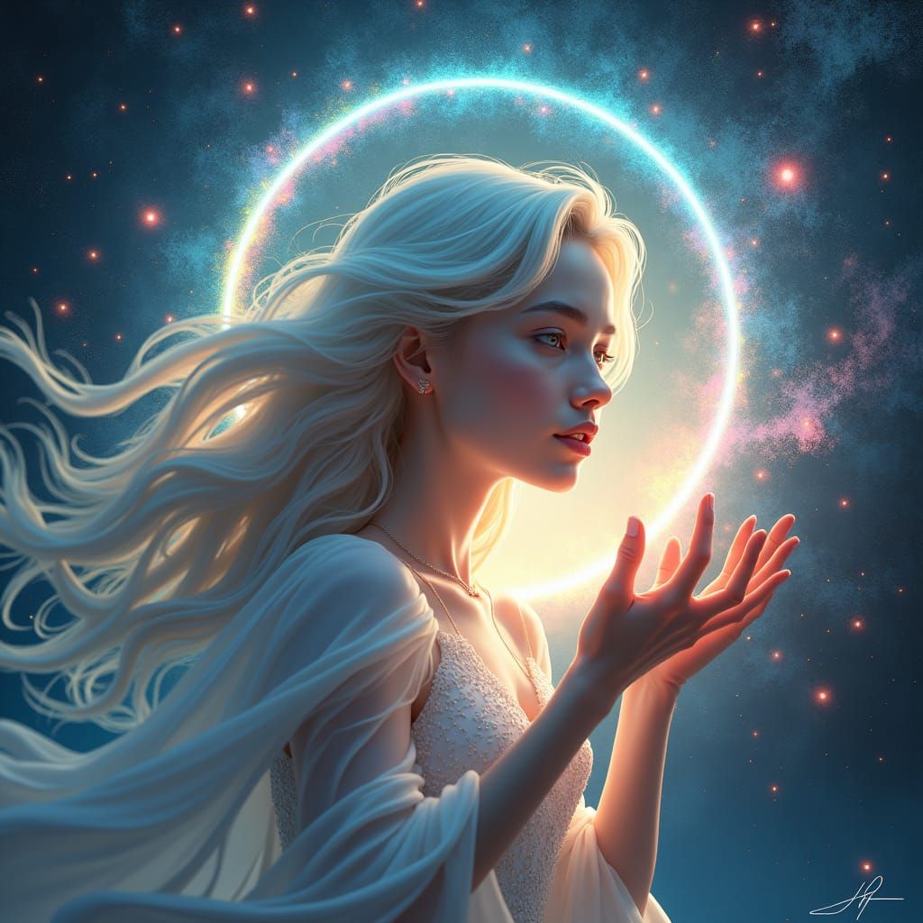 Ethereal Woman Floats Amidst Cosmic TikTok Symbols