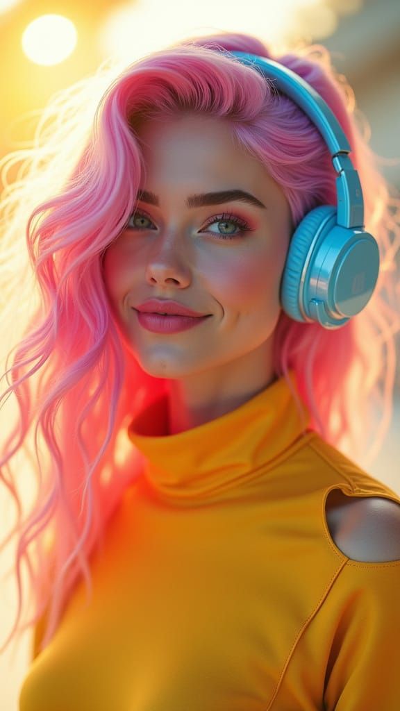 Vibrant Woman with Pastel Pink Hair & Blue Headphones
