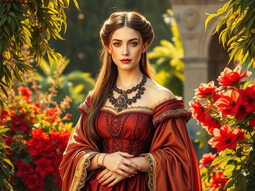 Renaissance Noblewoman in Italian Garden: Detailed Marker Il...