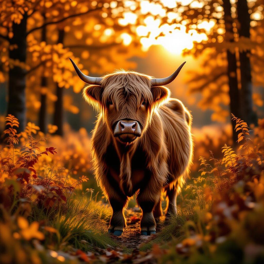 Majestic Highland Cow in Golden Autumn Forest Light