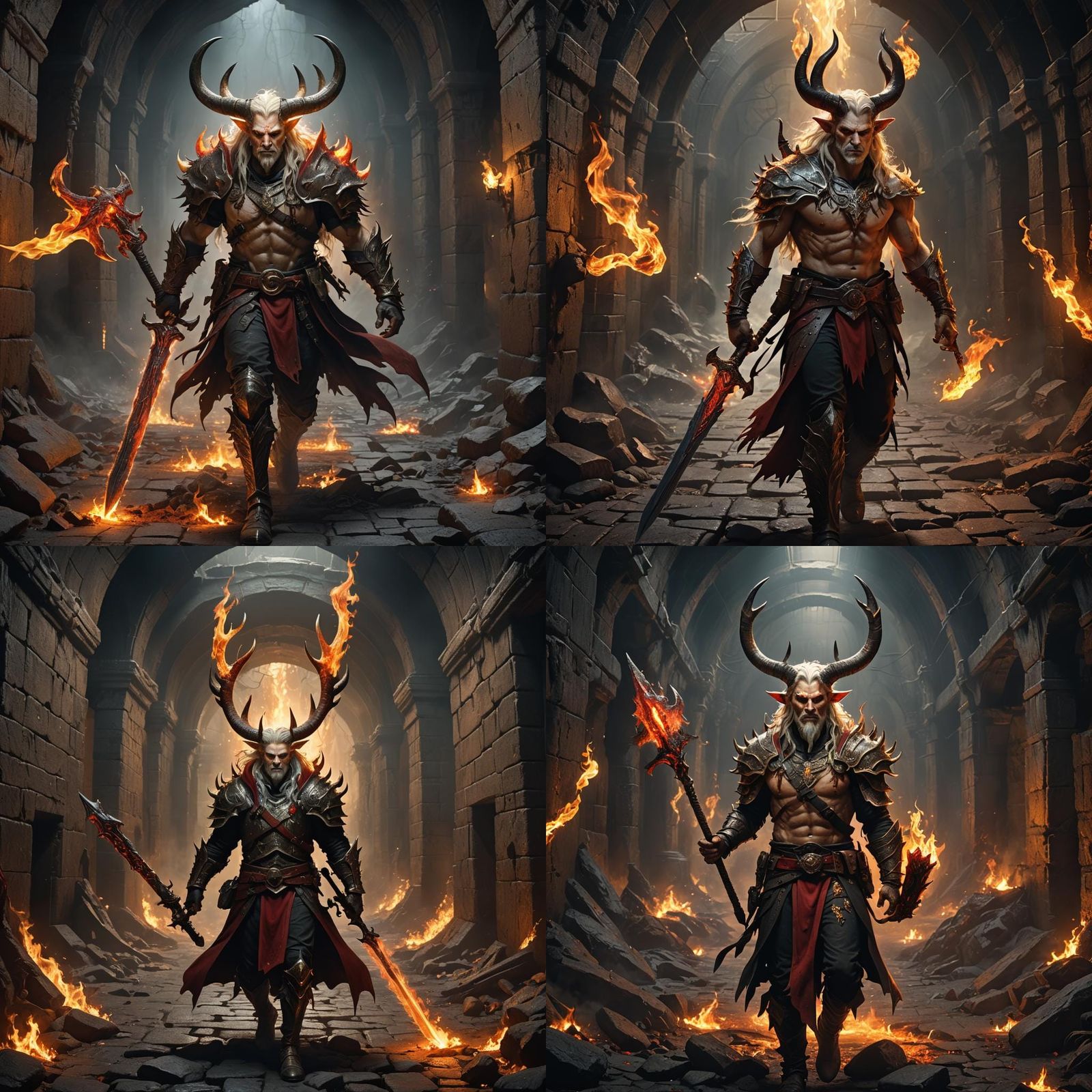 Fiery Horned Warrior in Dark Fantasy Landscape