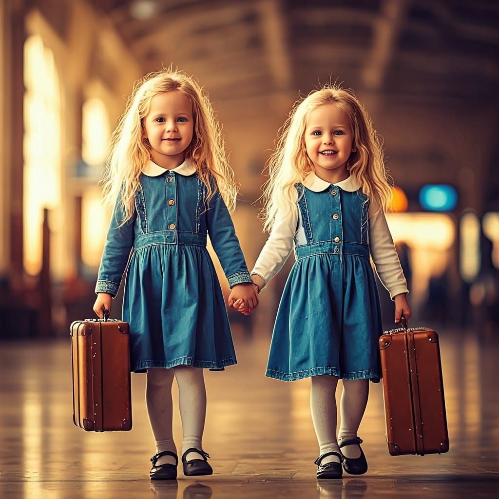Sisters Walking Hand in Hand in a Fantastical Airport Scene