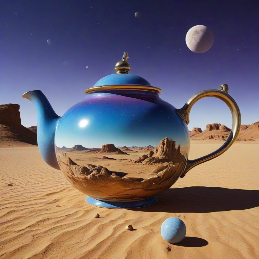 Whimsical Teapot in Alien Desert Under Two Moons