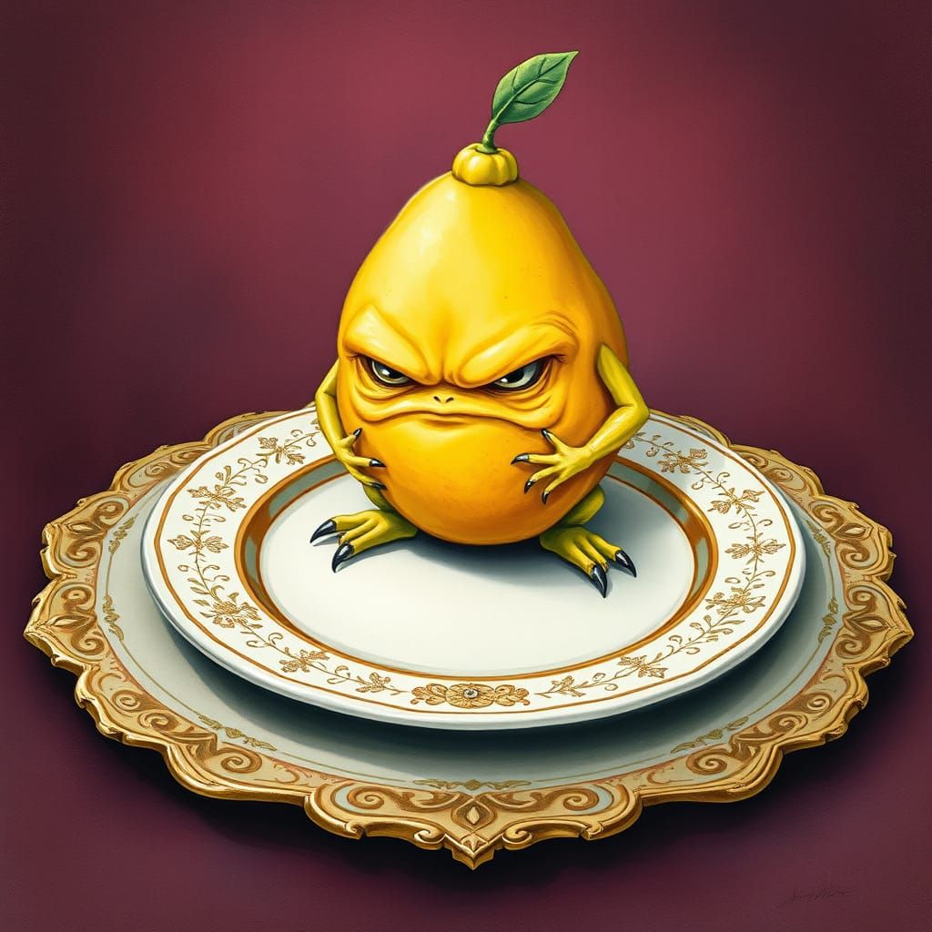 Whimsical Lemon Creature Sits Alone on Ornate Fruit Plate