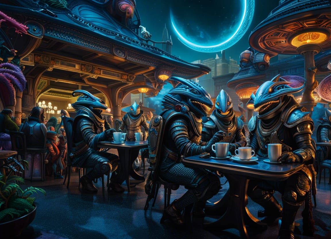 Maximalist Sci-Fi Cafe Scene with Aliens