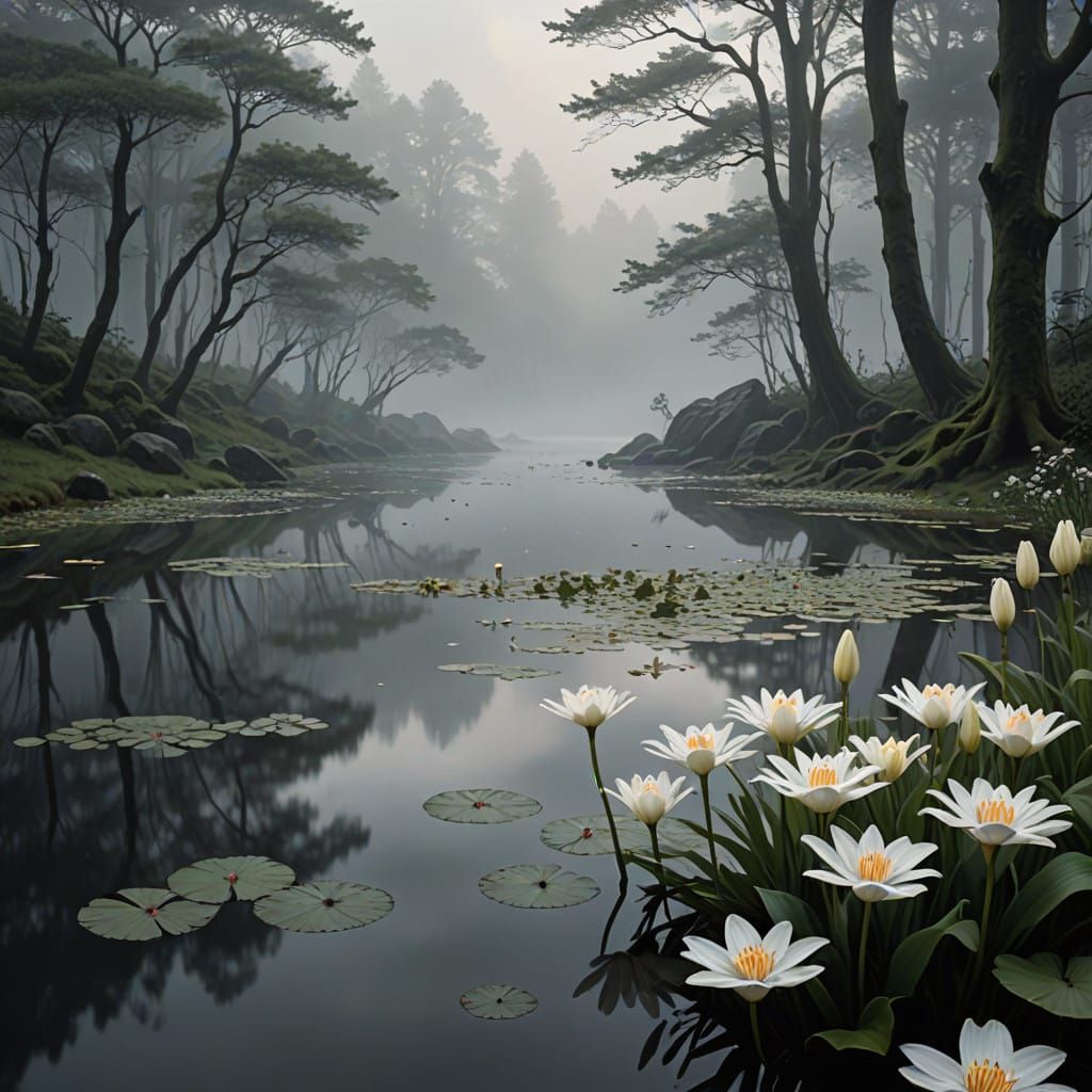 Mystical Lake Shrouded in Gentle Mist, Celtic Stones and Del...