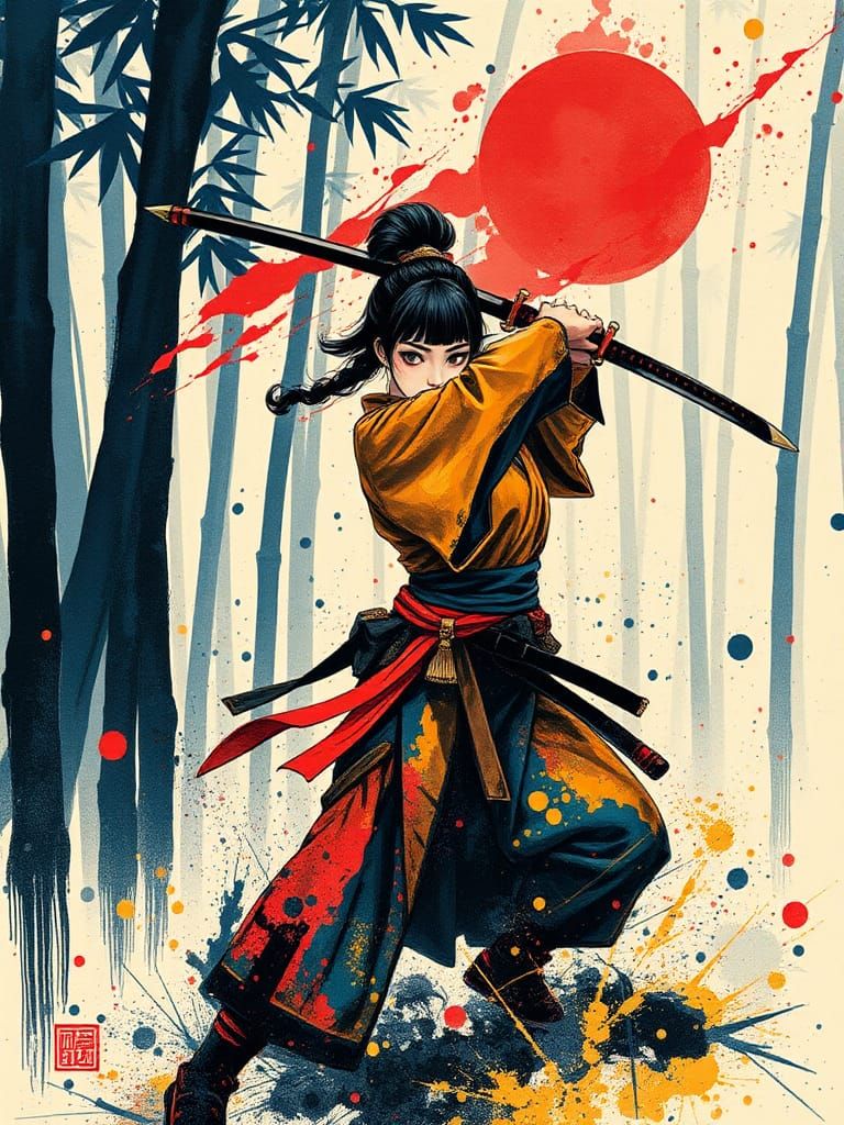 Samurai Woman Training: Ink Splatter Art