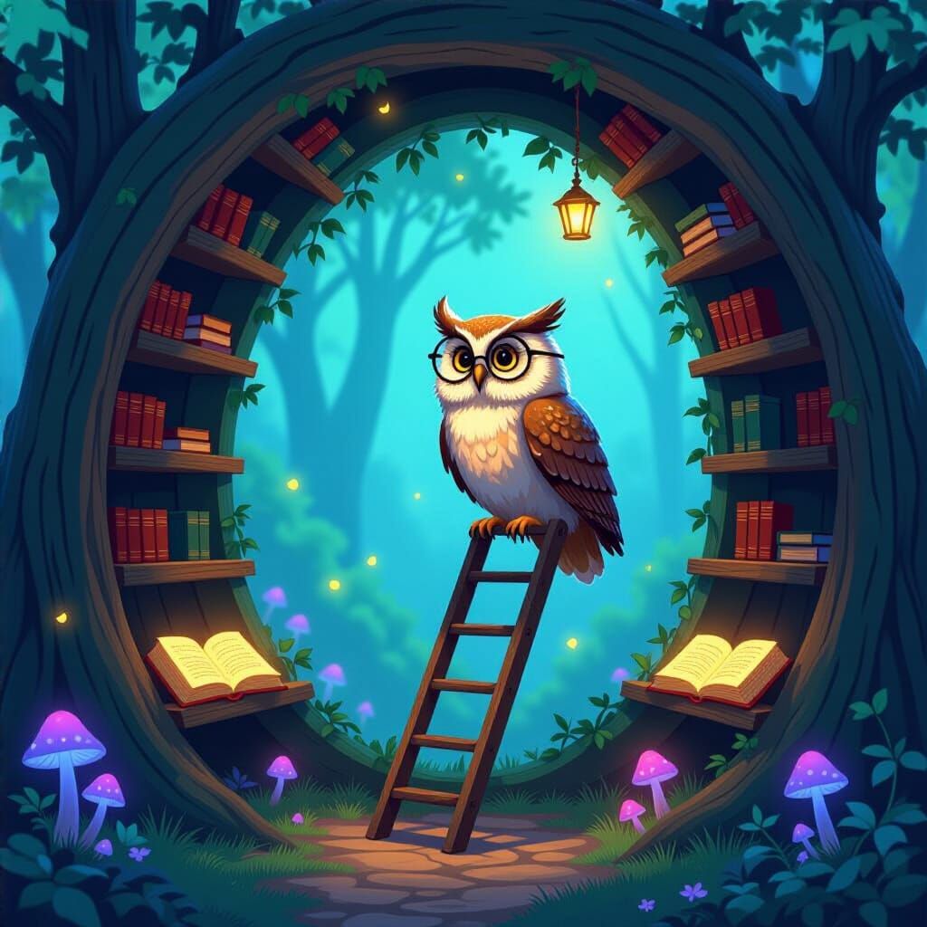 Scholarly Owl in Ancient Tree Library